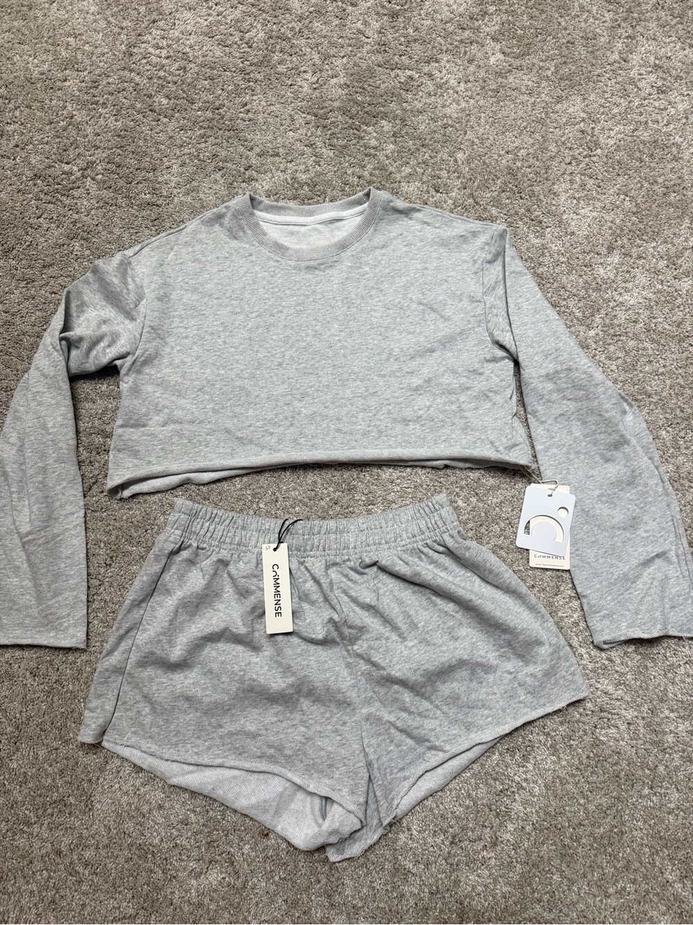 Commense Light Gray Long-Sleeve Crop Top and Elastic Waist Shorts Set